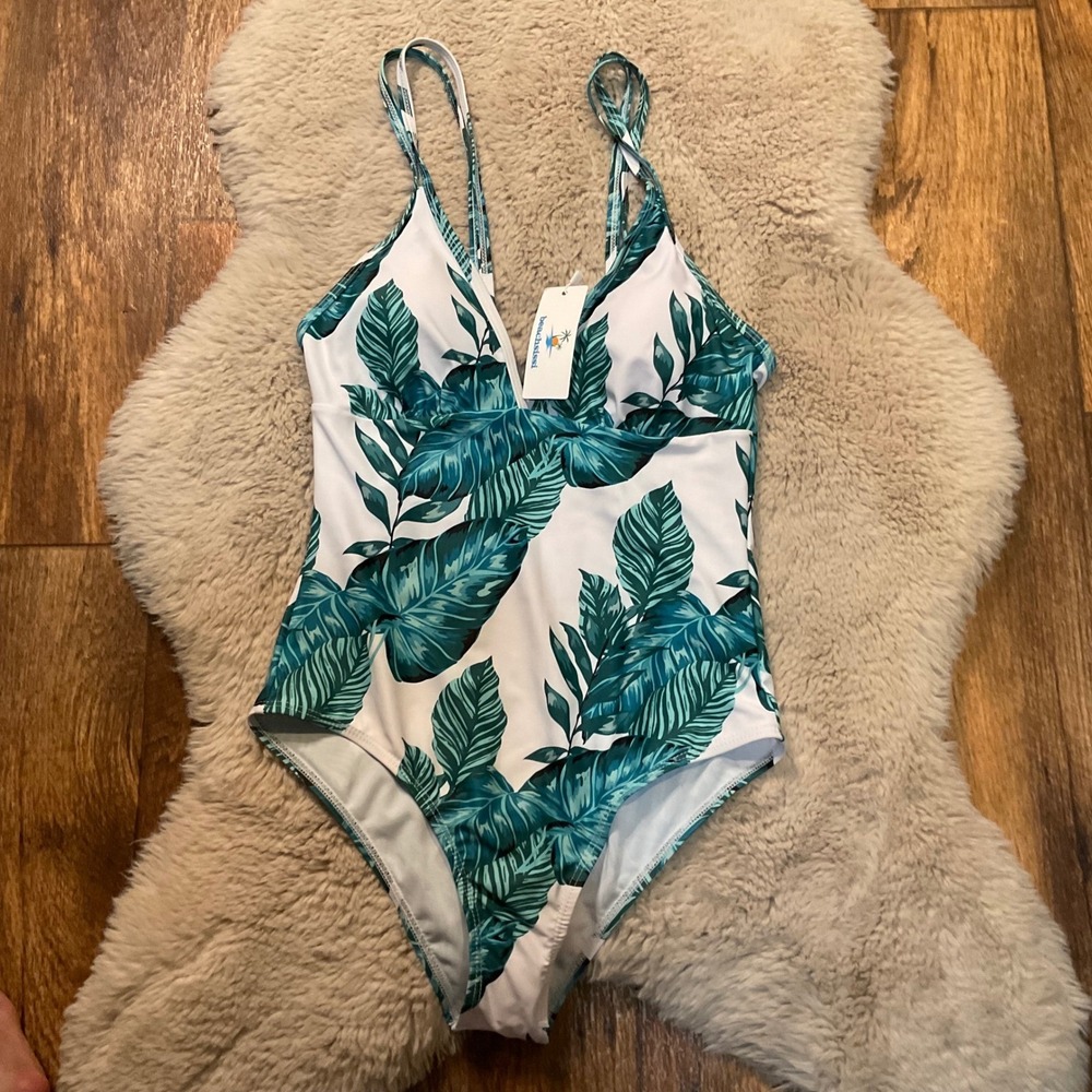 Beachsissi Swimsuit Size Small One Piece Palm Leaf White‎ Green New With Tags